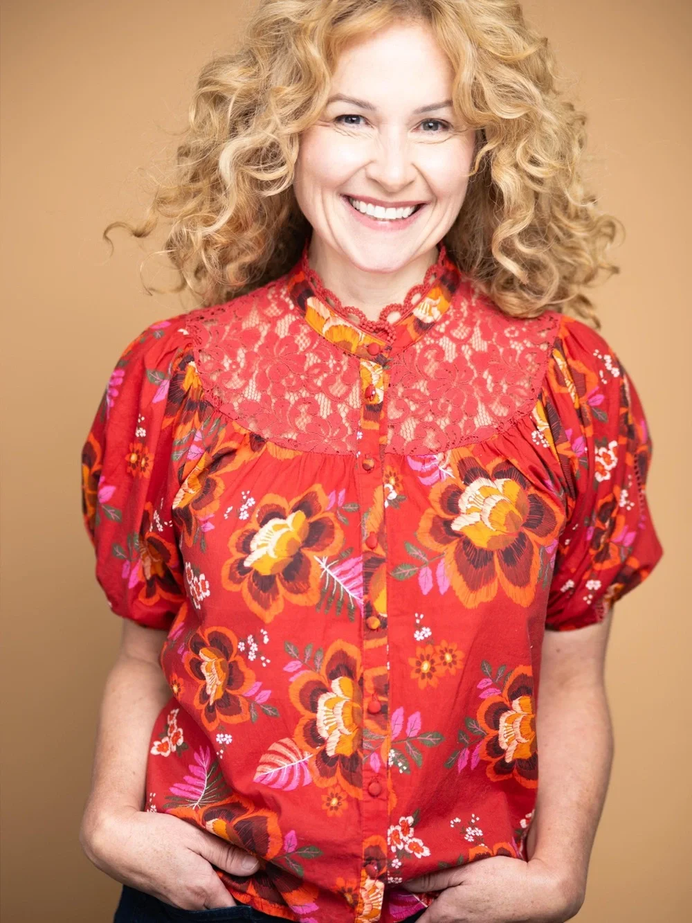 FARM RIO by Anthropologie Red Floral Puff-Sleeve Blouse